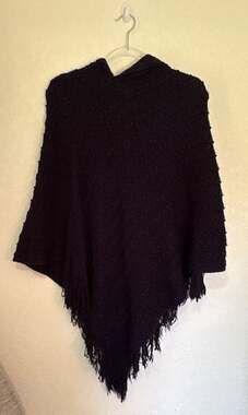 Charlotte Daniel Brand Black Knitted Hooded Poncho Sweater with Fringe Detail